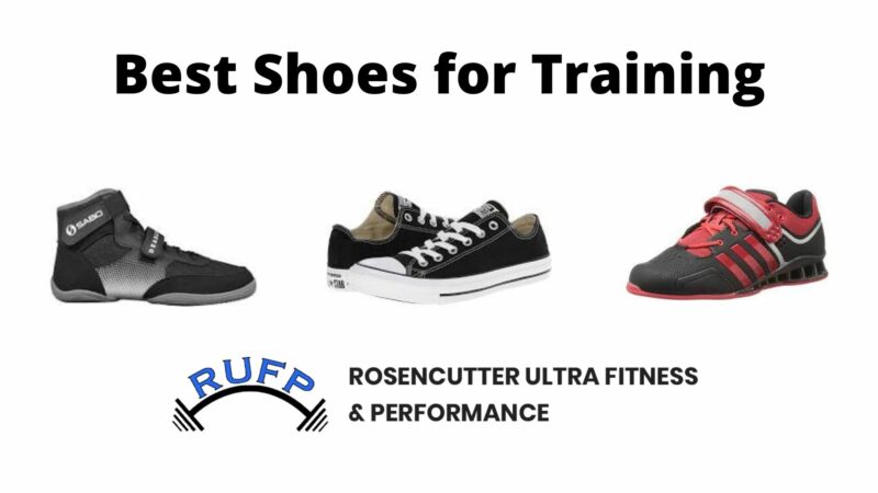 Best shoes for training by Rosencutter Ultra Fitness & Performance showing Sabo deadlifting shoes, Converse Chuck Taylors, and Adidas Adipowers.
